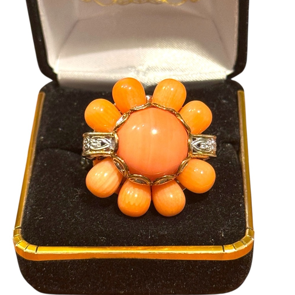 Michael Vialutti Palladium Silver Salmon Coral Flower Ring Orange Floral Ring
